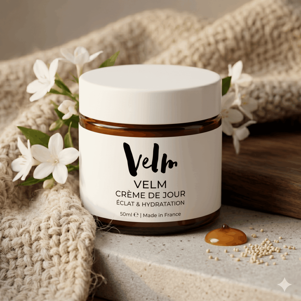 Un pot en verre ambré contenant la « VELM CRÈME DE JOUR » est installé sur un comptoir en pierre. Il est entouré d'un plaid en maille beige, de petites fleurs blanches, d'une noisette de produit ambrée et de graines décoratives.