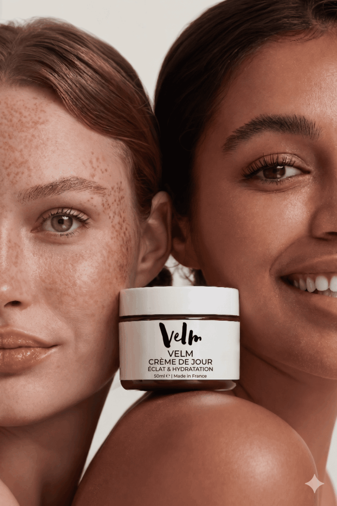 Gros plan sur les visages de deux femmes souriantes posant côte à côte. La femme de gauche a la peau claire parsemée de taches de rousseur, et celle de droite a une peau mate et lumineuse. Un pot de « VELM CRÈME DE JOUR » repose sur l'épaule de l'une d'elles.
