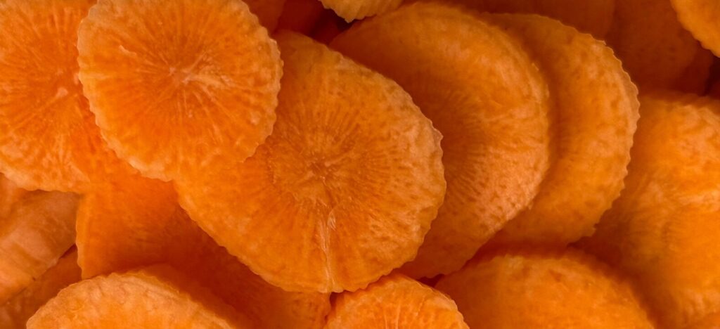 Gros plan serré sur un empilement de rondelles de carottes fraîches orange vif, mettant en valeur les détails et les motifs circulaires de leur chair.