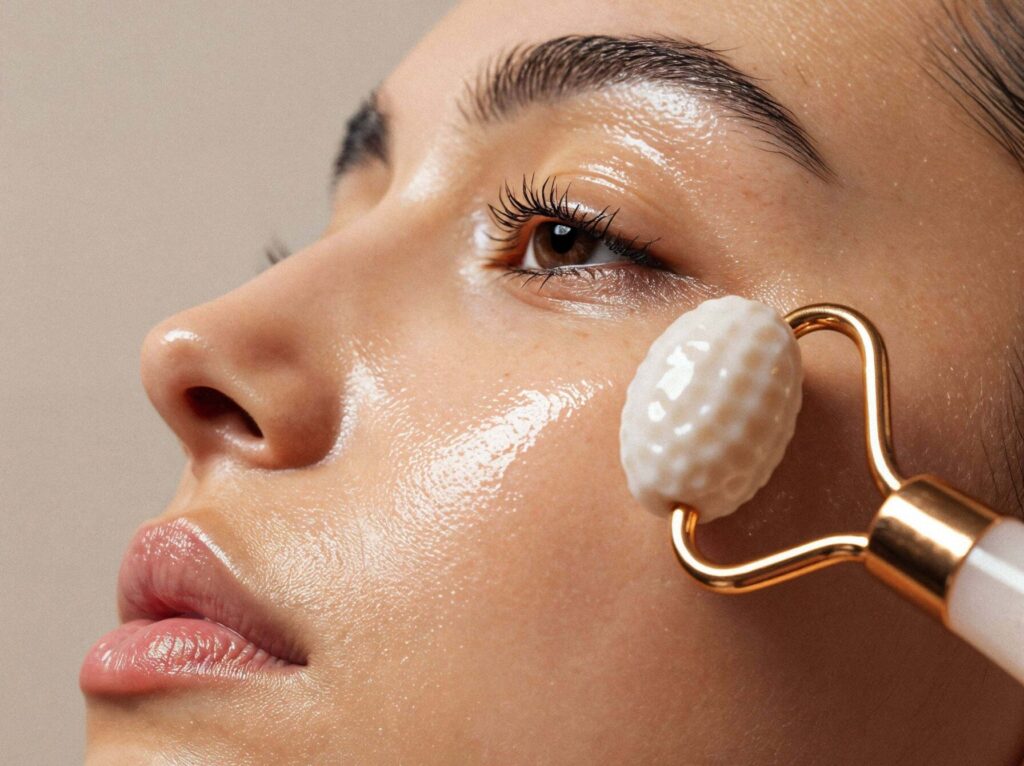 Un gros plan du visage d'une femme d'Asie de l'Est, de profil, inclinant légèrement la tête vers le haut. Sa peau, d'apparence dewy et hydratée, réfléchit la lumière. Elle utilise un rouleau facial texturé en pierre de couleur crème, tenu par une main hors champ. Le rouleau est positionné sous son œil gauche, en haut de sa pommette, glissant vers l'extérieur. Ses yeux sont levés, regardant hors champ vers le haut. Ses sourcils sont arqués, et ses longs cils sont recourbés. Ses lèvres sont pleines et légèrement rosées, entrouvertes de manière détendue. L'arrière-plan est un mur de couleur taupe uni.