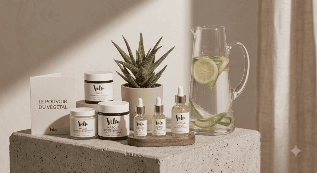 Gamme de cosmétiques Velm disposée sur un bloc de béton dans une ambiance épurée. À gauche, une carte « LE POUVOIR DU VÉGÉTAL » côtoie trois pots ambrés de masques et baume. Au centre, une plante d'aloe vera en pot surplombe trois flacons sérums compte-gouttes. À droite, une grande carafe d'eau est infusée de rondelles de citron et de menthe.