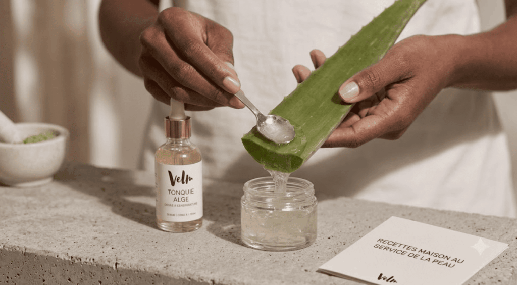 Main versant du gel d'aloe vera dans un pot en verre et un flacon de tonique à l'algue Velm à côté
