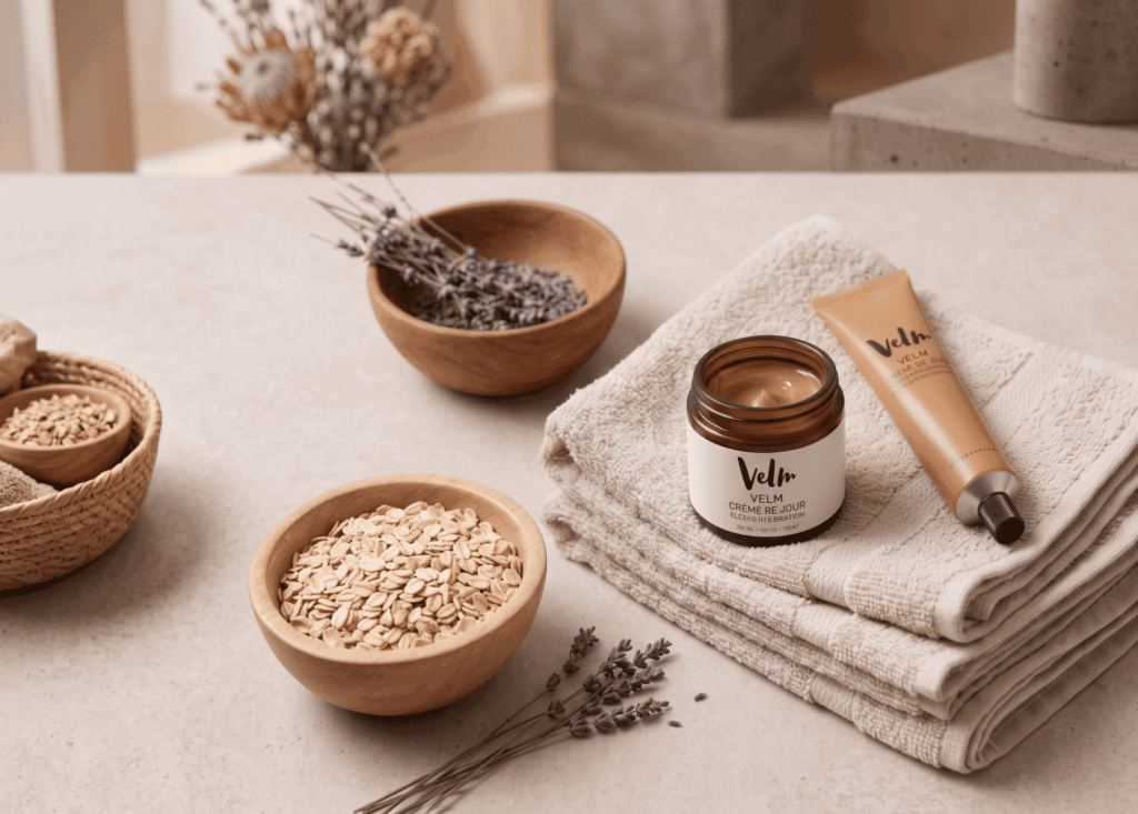 Pot de crème de jour Velm et tube de soin posés sur une serviette beige, entourés de bols d'avoine et de brins de lavande.