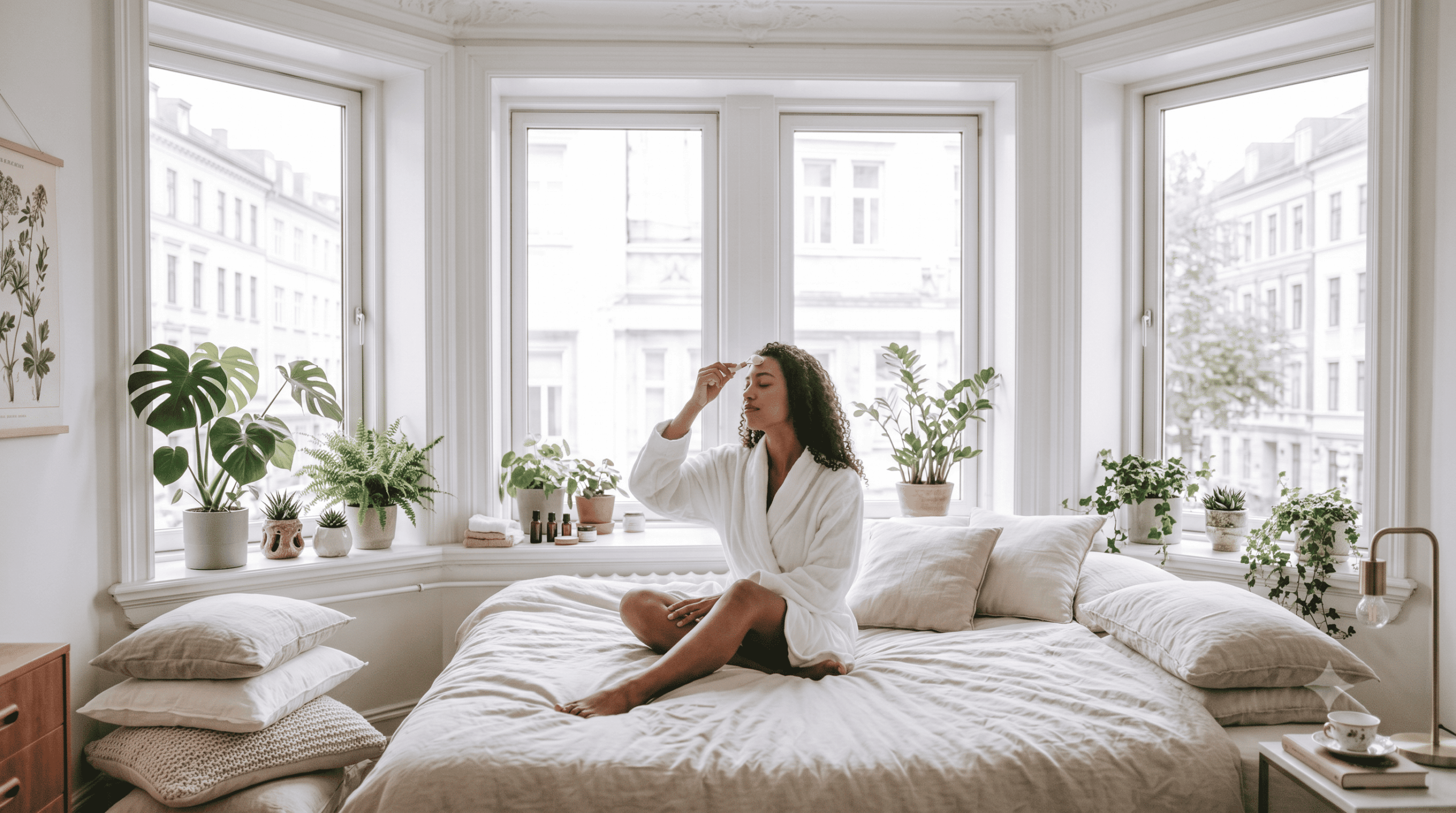 Jeune femme aux cheveux bouclés, en peignoir blanc, assise sur son lit et utilisant un rouleau de jade sur le front, devant une fenêtre et des plantes